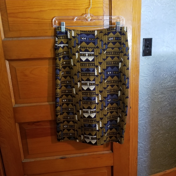 LuLaRoe Cassie. Olive/black/blue print skirt. S. - Picture 1 of 4